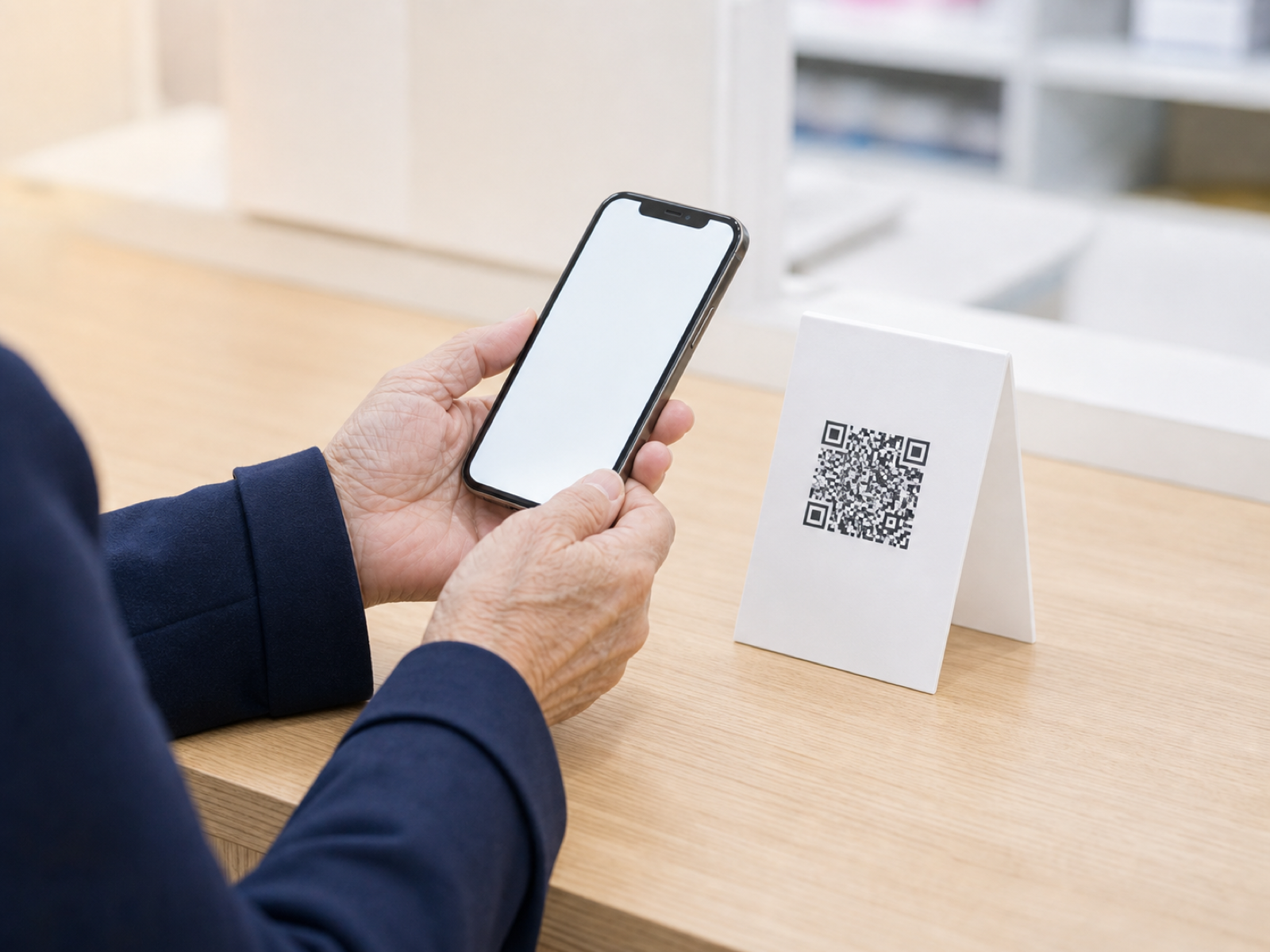 薬局のQRスタンドへスマートフォンをかざす手元