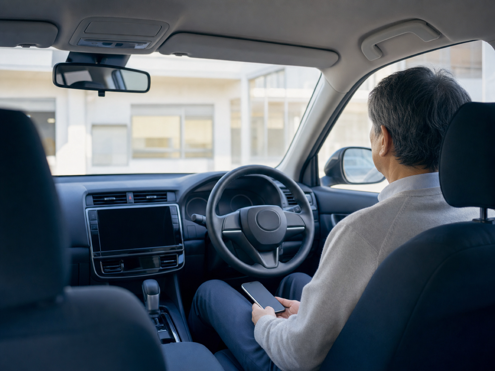 薬局の駐車場に停めた車内で穏やかに待つ患者さま