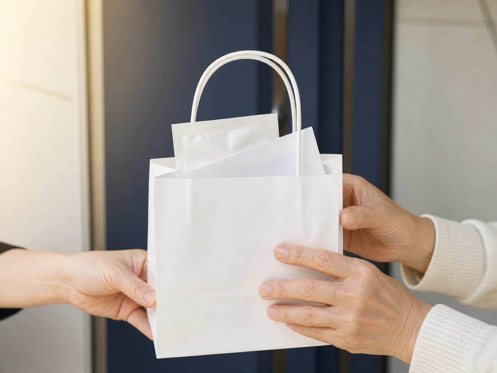 自宅の玄関で薬局の紙袋を受け取る手元