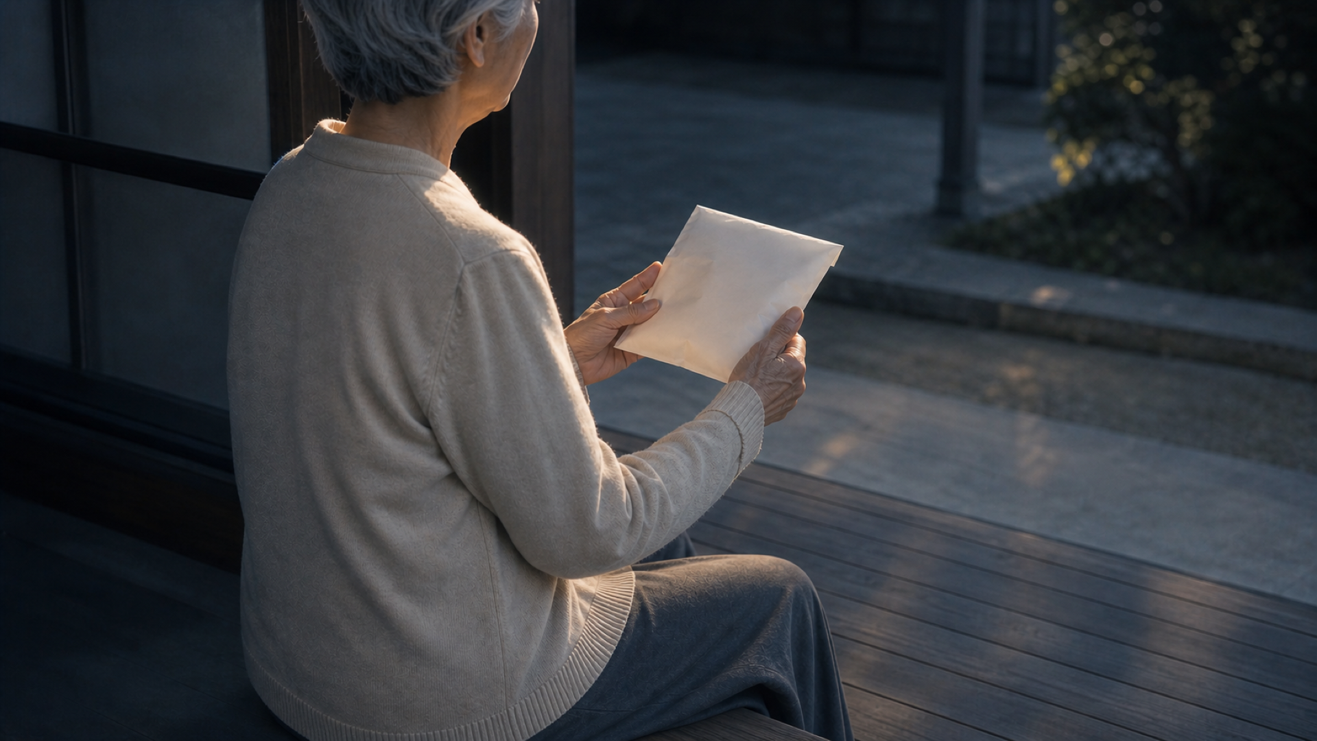 朝の縁側で薬の包みを手にする患者