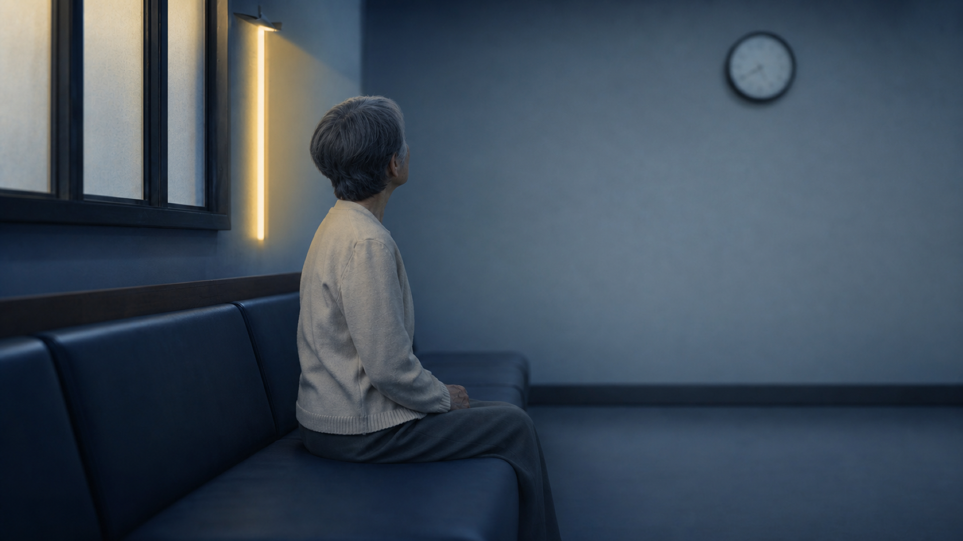 薬局の待合室で時計を見上げる患者