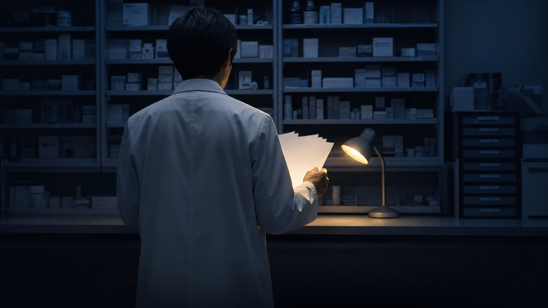 夜の調剤室で処方箋を手にする薬剤師
