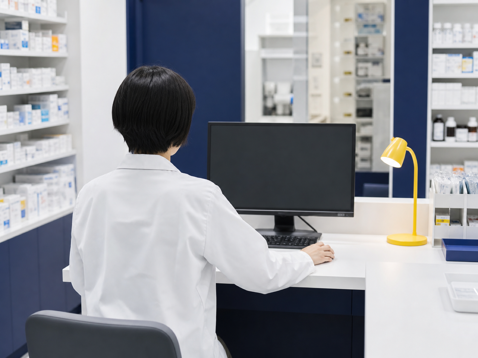 パソコンを使う薬局の薬剤師