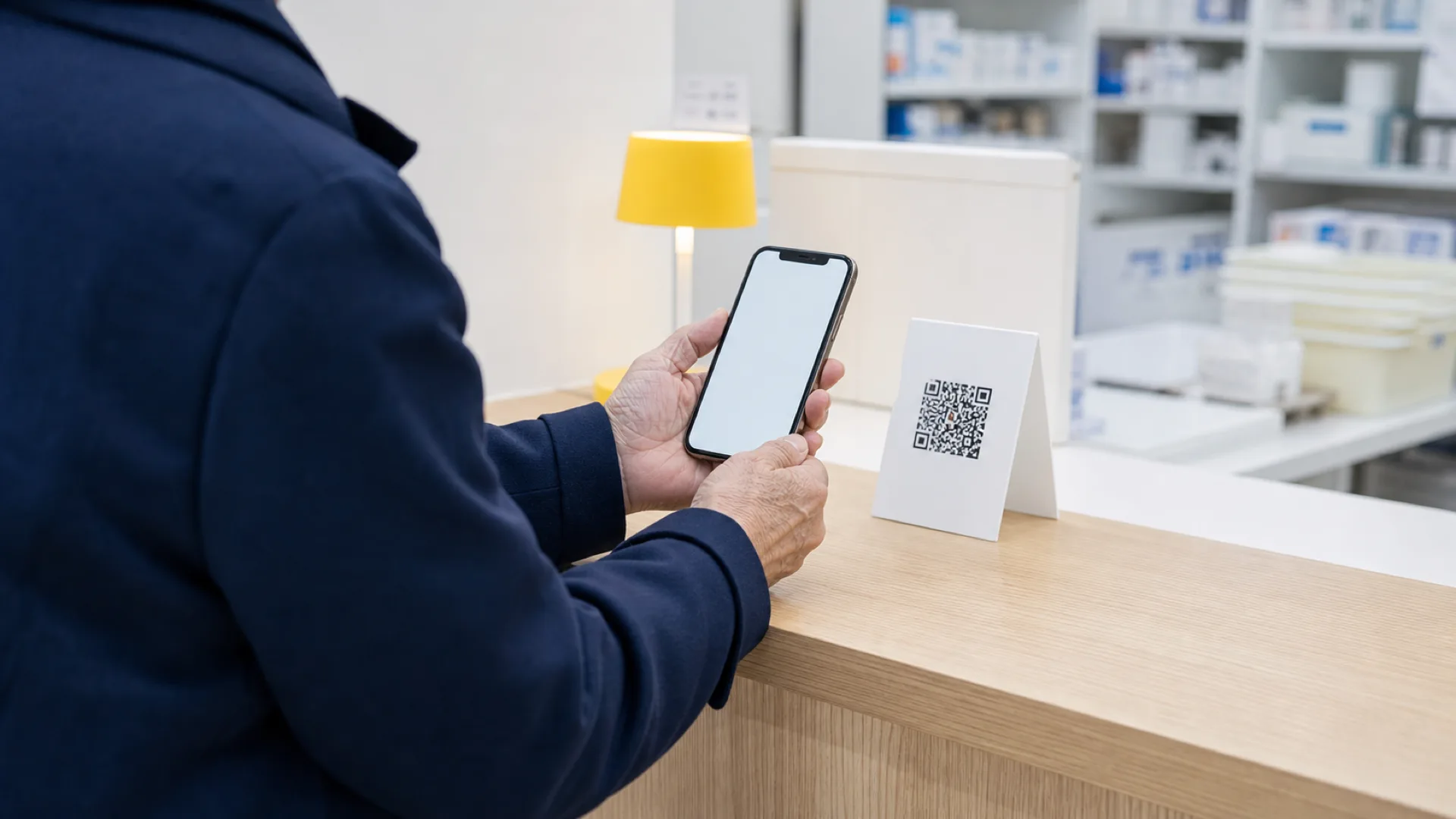 薬局でスマートフォンを使う患者さま