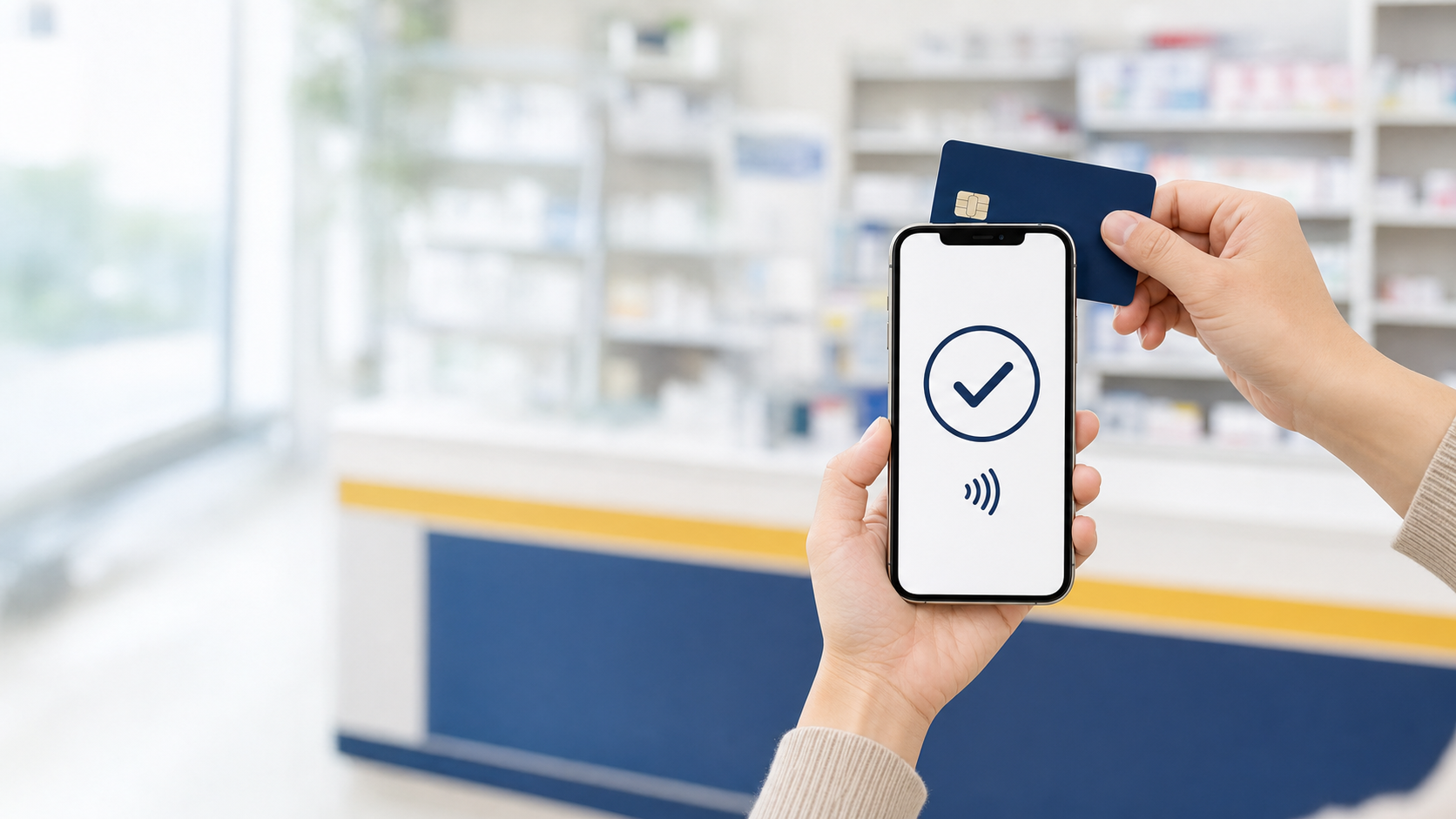薬局でスマートフォンの画面に決済完了を表示し、背面へクレジットカードをかざす様子